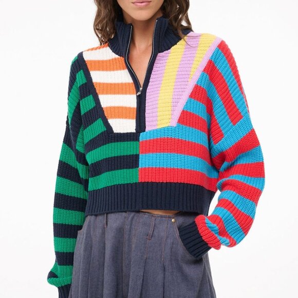 NWT STAUD Cropped Hampton Sweater XS/S/M Cabana Stripe Navy Knit Causal